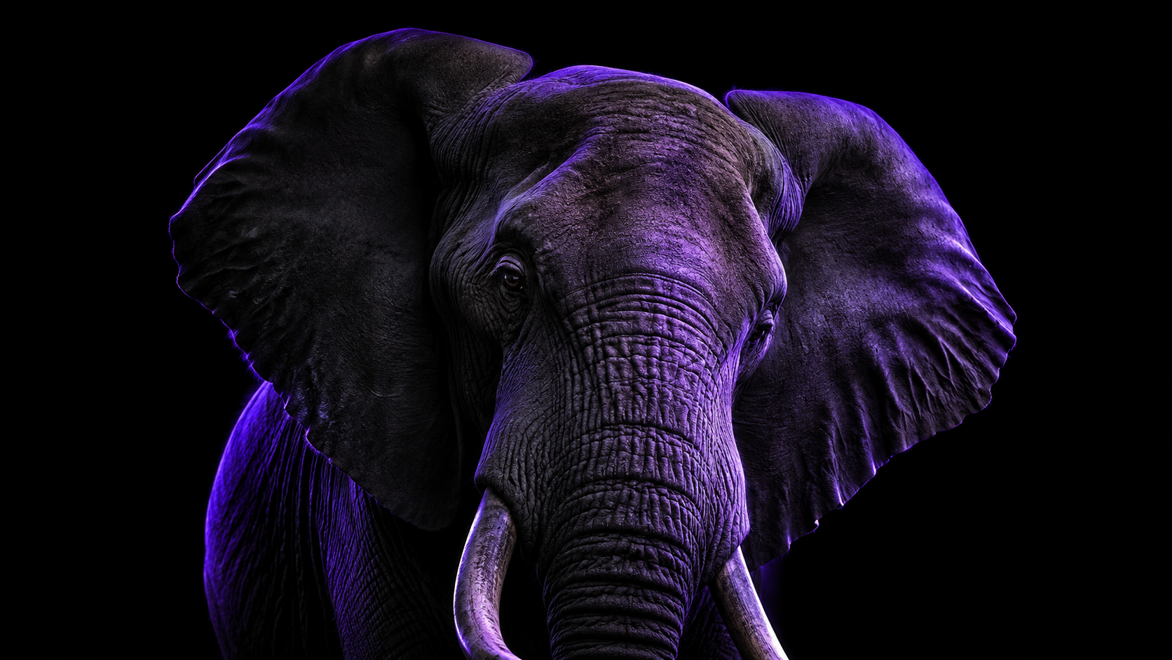 Elephant walking through a dramatic violet landscape